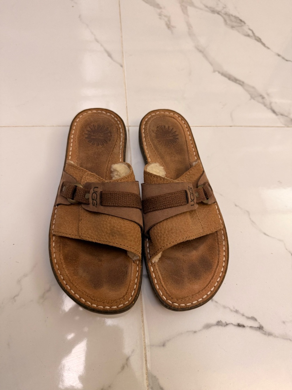 UGG Tan Suede Slide Sandals with Shearling Trim